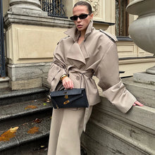 Women Casual Long Trench Coat with Lapel Collar Single-Breasted Batwing Sleeves Windbreaker New Streetwear Oversized Outerwear
