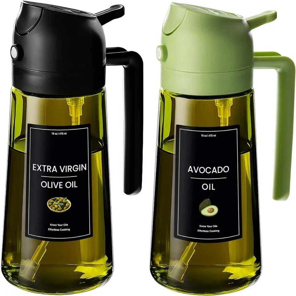 Dispensador de aceite de oliva, pulverizador 2 en 1 para cocinar (rocío y vertido), botella de aceite de vidrio verde oscuro con pegatinas, pulverizador de aceite de 470 ml/16 oz