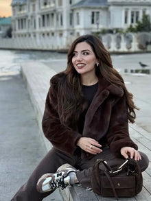 HH Women Casual Brown Short Faux Fur Coat Turn-Down Collar Long Sleeve Jacket 2025 Autumn Winter Loose High Street Outwear