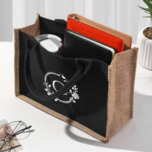 Bolso de mano de lona de lino con parches negros y estampado de letras de hoja plateada, con bolsa interior impermeable de gran capacidad para el día a día.