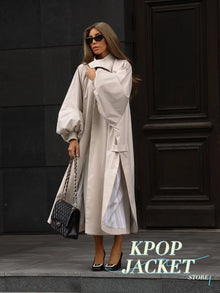 Women's Brown Stand Up Collar Long Long Trench Coat  Lantern Sleeve Side Slit Loose Windbreaker 2026 Spring Autumn Fashion Coat