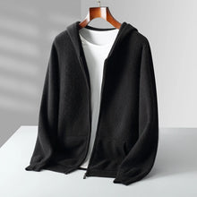 Abrigo de punto con capucha y cremallera para hombre, jersey grueso de 100% lana merina, cárdigan de manga larga para otoño e invierno, ropa de hombre