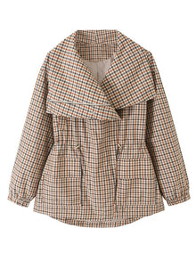 Women Casual Plaid Short Trench Coat Lapel Double Breasted Belted Waist Loose Long Sleeve Checkered Jacket Autumn Windbreaker
