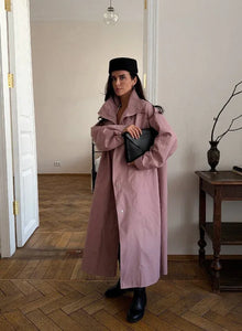 Casual Stand Collar Women Long Trench Coat Single-breasted Lantern Sleeves Pink Windbreaker Jacket Spring Fall Fashion Overcoat