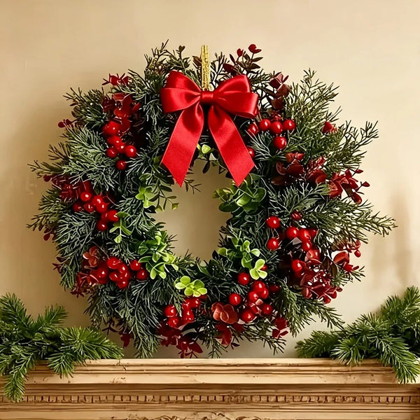 Corona de Navidad decorativa con lazo, bayas rojas, arándanos y acebo para decoración interior y exterior