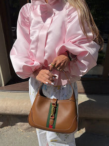 Shiny Fabric Jacket High Stand Collar Oversized Puff Sleeve Drawstring Cropped Hem 2026 Autumn Fashion Daily Lady Sweet Jacket