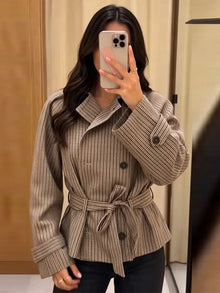 Plaid Short Trench Coat Women Lapel Collar Double Breasted Belted Waist Long Sleeve Loose Jacket 2026 Autumn Casual Chic Coats