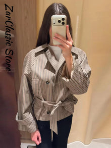 Vintage Plaid Women's Cropped Trench Coat Autumn Lapel Tie Waist Full Sleeve Windbreaker New Chic Casual Elegant Jacket 2026