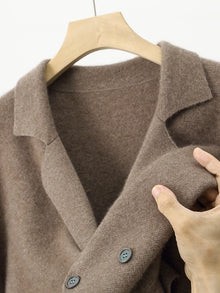 Suéter de 100% lana merino para hombre, cárdigan con cuello de traje, prenda de punto elegante informal, abrigo de cachemira liso para otoño e invierno, ropa con bolsillos