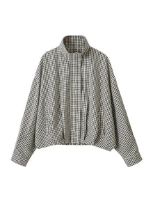 Women Casual Plaid Short Trench Coat Lapel Double Breasted Belted Waist Loose Long Sleeve Checkered Jacket Autumn Windbreaker