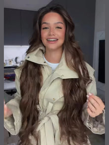 Women Short Trench Coat Belted Stand Collar Double Breasted Utility Jacket Oversized Pocket Chic Casual Office Commute Outerwear