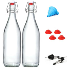 Classic Swing Top Glass Bottles 1L w/Marker & Labels - Clear Bottle with Caps for Juice, Water, Kombucha, Wine, Beer Brewing