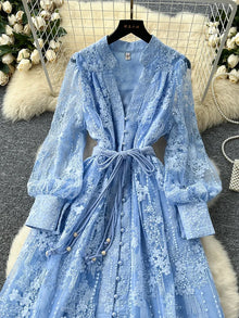 Spring Autumn French High-end Women's Dress New Lace Embroidery V-neck Lantern Sleeves Single Breasted Party Birthday Dress C192