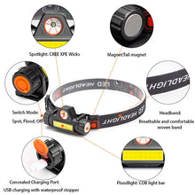 Outdoor Waterproof Camping Fishing Mining Lantern Headlight COB LED Headlamp Torch Rechargeable Headwear Flashlight With Magnet
