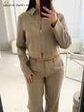 Conjunto de pantalón casual para mujer de algodón y lino, top corto con solapa y cremallera, pantalón recto, conjunto de traje liso para mujer, moda urbana primavera 2026
