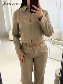Conjunto de pantalón casual para mujer de algodón y lino, top corto con solapa y cremallera, pantalón recto, conjunto de traje liso para mujer, moda urbana primavera 2026
