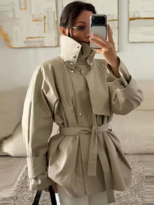 Fashion Stand Collar Short Trench Coat Women Solid Double-breasted Belt Jacket 2026 Autumn Lady Commuting Casual Outwear