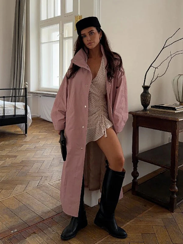 Chaqueta cortavientos informal para mujer, gabardina larga con cuello alto, botonadura sencilla, mangas farol, abrigo de moda para primavera y otoño, color rosa