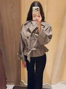 Plaid Short Trench Coat Women Lapel Collar Double Breasted Belted Waist Long Sleeve Loose Jacket 2026 Autumn Casual Chic Coats