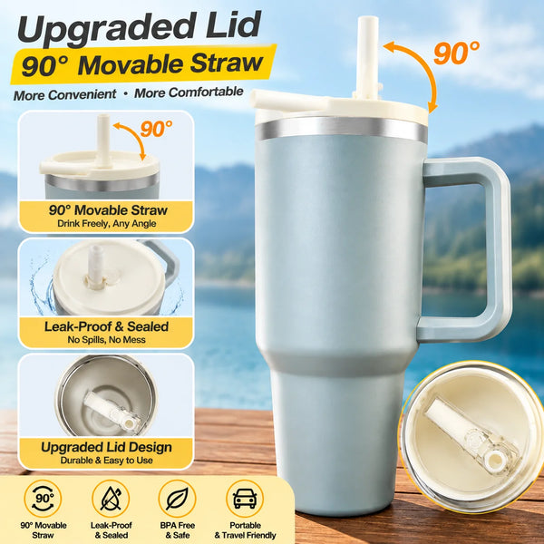 Vaso térmico de 40oz (1200 ml) con asa y pajita, taza de doble pared, termo para café de viaje, regalo