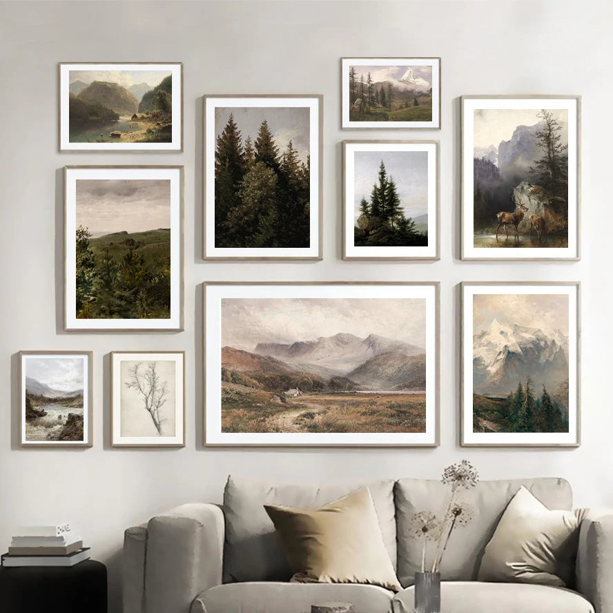 Rustic Mountain Forest Landscape Canvas Prints, Vintage Farmhouse Wall Art