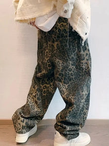 Autumn Tan Leopard Jeans Men Denim Pants Male Oversize Wide Leg Trousers Streetwear Hip Hop Vintage Loose Casual Animal Print