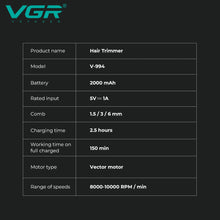 VGR Hair Trimmer Professional Hair Clipper Cordless Barber 10000 RPM Clipper Vector Motor Haircut Metal Trimmer for Men V-994