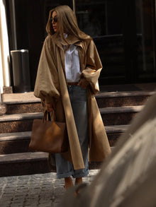 Oversized Solid Wome's Long Trench Coat Puff Sleeve Side Slit Maxi Windbreaker Lapel Single Breasted Lady Autumn Tench Coats