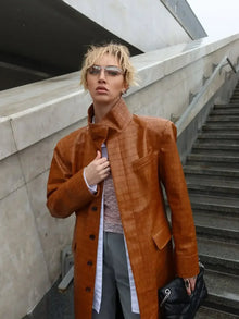 Brown Crocodile Embossed Faux Leather Trench Coat Lapel Single Breasted Straight Front Pockets Women Autumn Winter Fit Jackets