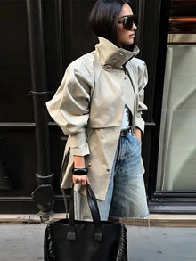 Fashion Stand Collar Short Trench Coat Women Solid Double-breasted Belt Jacket 2026 Autumn Lady Commuting Casual Outwear
