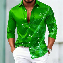 Men's trendy geometric line print long-sleeved shirt. Fashionable slim black technology-style shirt. Popular men's shirt.