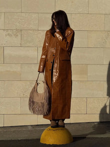 Brown Croc Embossed Faux Leather Long Trench Coat Lapel Single Breasted Straight Long Front Pockets Women Vintage Autumn Winter