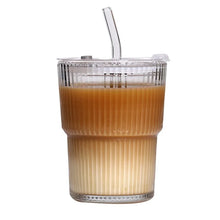 400/600ML Striped Glass Coffee Cup Transparent Drinking Cup with Lid and Straw Large Capacity Juice Iced Coffee Cup Drinking Cup