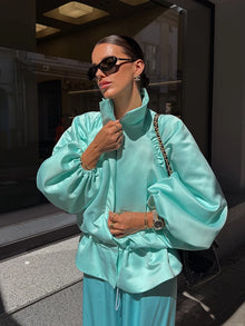 Shiny Fabric Jacket High Stand Collar Oversized Puff Sleeve Drawstring Cropped Hem 2026 Autumn Fashion Daily Lady Sweet Jacket