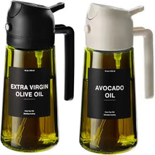 Dispensador de aceite de oliva, pulverizador 2 en 1 para cocinar (rocío y vertido), botella de aceite de vidrio verde oscuro con pegatinas, pulverizador de aceite de 470 ml/16 oz