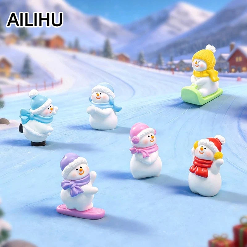 Christmas Decorations Skiing Snowman Figurines Mini Winter Snowman Ornaments DIY Micro Landscape Snow Scene Decor Xmas Gift