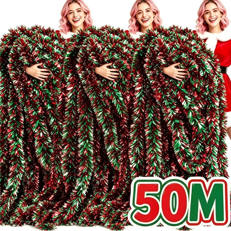 Christmas Tinsel Garlands Decoration Bar Tops Ribbon Garland with Bowknot Xmas Tree Ornaments Party Home Decor Pendant Prop