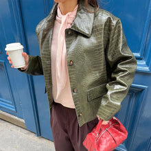 Olive Green Leather Jacket Coat Silhouette Vintage High Street Trend Zipper Lapel Short Overcoat Loose Casual Top Outwear Autumn