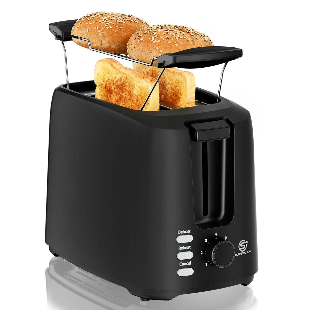 SUPERLEX Toaster 2 Slice Wide Slot 6 Modes Automatic Breakfast Machine 3-Buttons Small Stainless Steel Bread Toaster