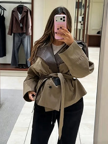 Women Cropped Trench Coat Faux Leather Spliced Epaulets Belted Waist Loose Fit Khaki Short Jacket Vintage 2026 Ladies Outerwear