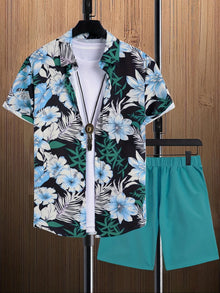 New Coconut Tree Print Men's Set Loose-Fit Hawaiian Short-Sleeve Shirt & Shorts Two-Piece Set Men Premium Fashion Streetwear Set
