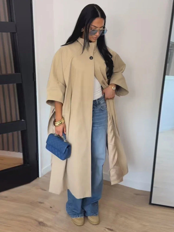 Khaki Stand Collar Long Trench Coat Women Single Button Half Sleeve Side Split Loose Windbreaker 2026 Autumn Lady Outerwears