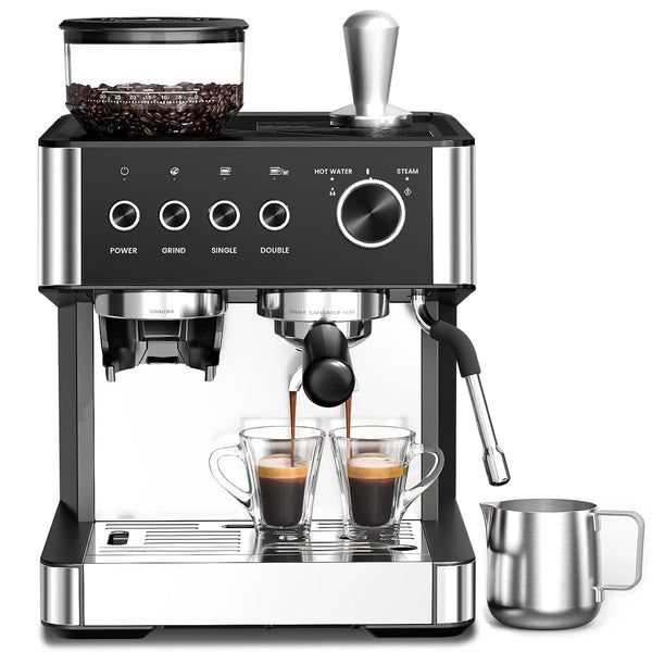 Máquina de café espresso de 20 bares, cafetera espresso con molinillo, cafetera con vaporizador de leche para latte, personalizada