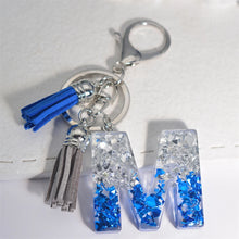 Llaveros creativos de resina de 26 letras con borla, accesorios de moda con iniciales, lentejuelas, color azul y plateado, colgante para bolso