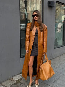 Brown Crocodile Embossed Faux Leather Trench Coat Lapel Single Breasted Straight Front Pockets Women Autumn Winter Fit Jackets