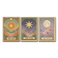 3pcs Frameless Sun,Moon and Stars Tarot Card Canvas Printing,Retro Bohemian Celestial Wall Art,Mysterious Living Room Decoration