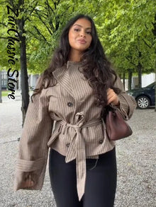 Vintage Plaid Women's Cropped Trench Coat Autumn Lapel Tie Waist Full Sleeve Windbreaker New Chic Casual Elegant Jacket 2026