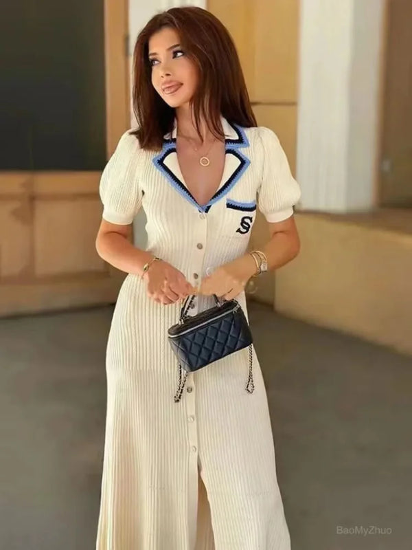 Vestido largo de punto elegante y ajustado para mujer, verano 2024, con letras, de un solo pecho, manga larga, de diseñador, vintage, blanco, otoño