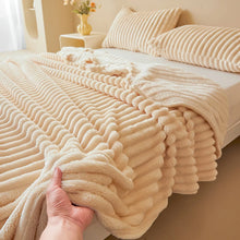 Luxurious Double-Sided Faux Rabbit Fur Throw Blanket - Cozy Striped Flannel, Soft And Warm for Naps, Office, Camping, Sofa - Versatile Polyester Bed Cover, Perfect Christmas Gift