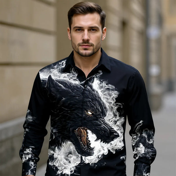 Camisa de hombre con estampado 3D de lobo ahumado, camisa de moda con botones, camisa casual de manga larga, blusa urbana para hombre